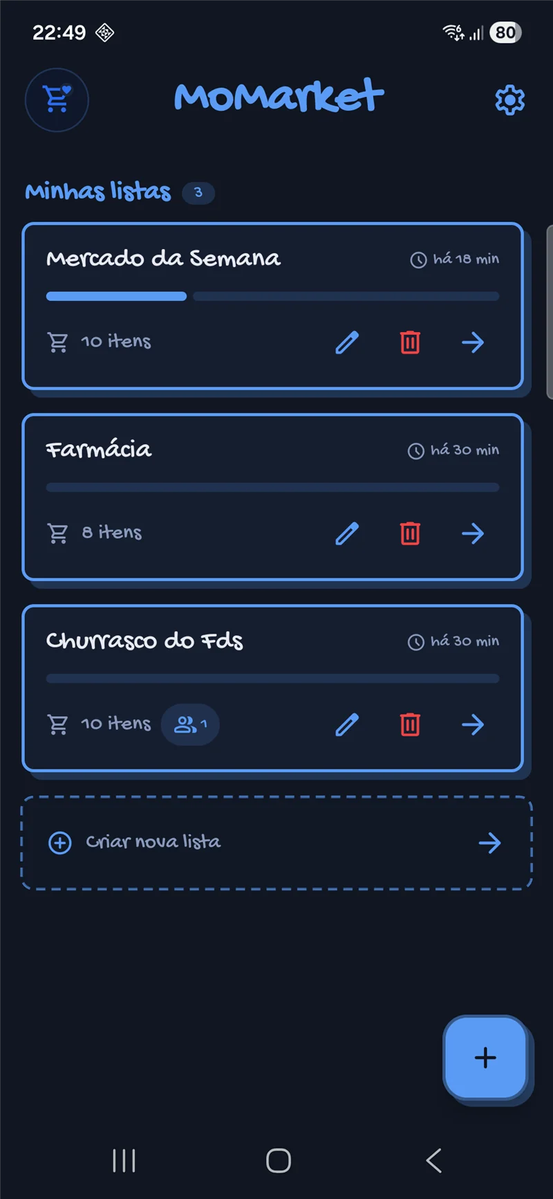 Tela inicial do MoMarket mostrando lista de compras compartilhada em tempo real