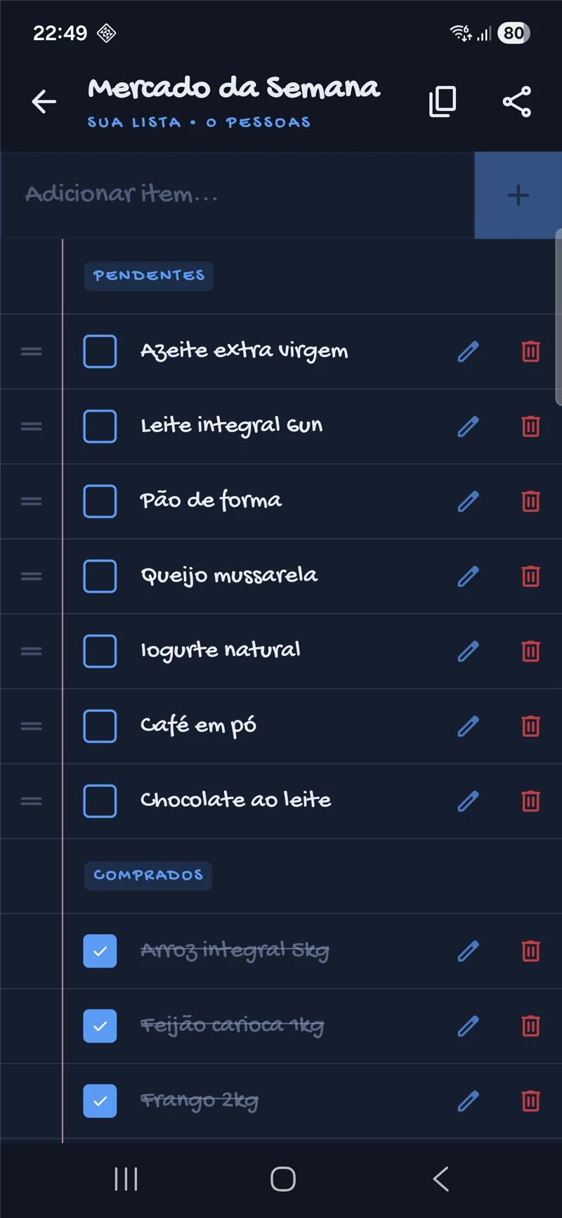 MoMarket em uso no mercado: itens sendo marcados como comprados em tempo real
